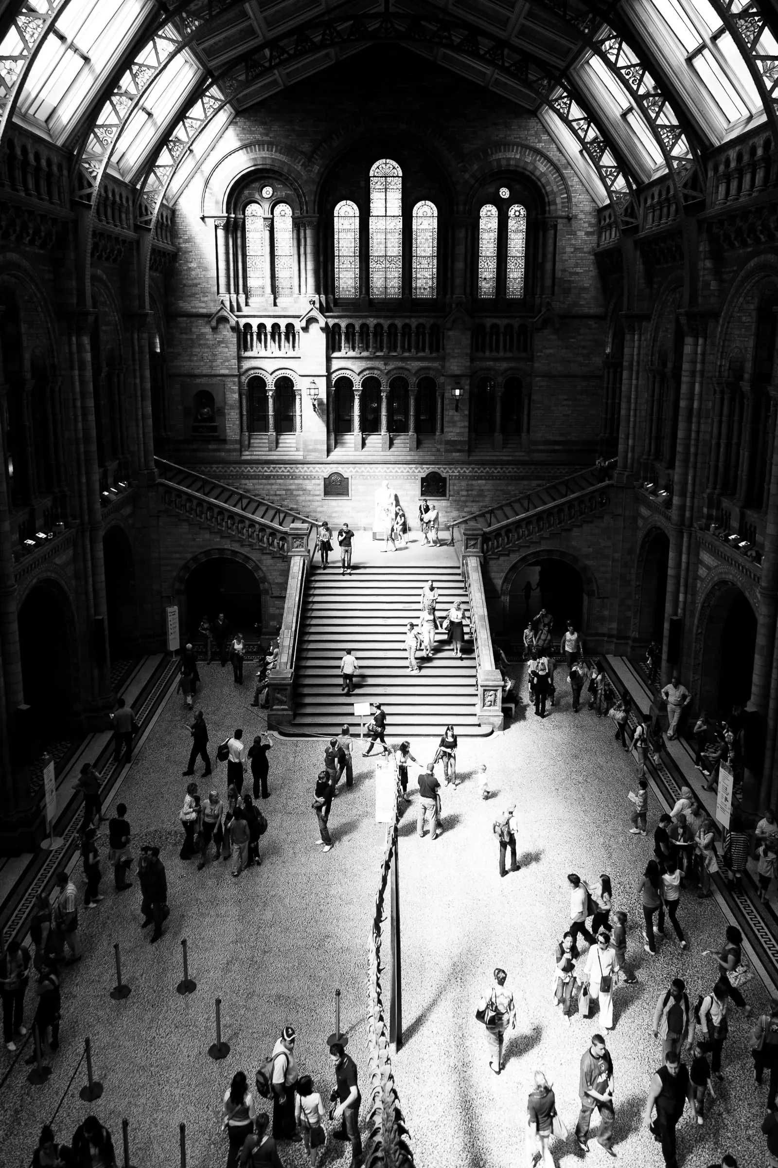 Overhead view of the Natural History Museum's Hintze Hall, visitors crossing the stone floor below the grand staircase and arched windows, black and white