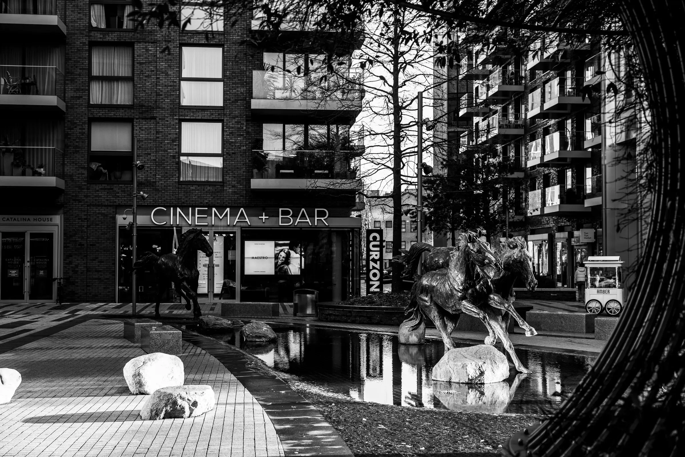 Bronze horse sculptures beside a reflecting pool, a 'Cinema + Bar' storefront and 'Catalina House' building behind, black and white