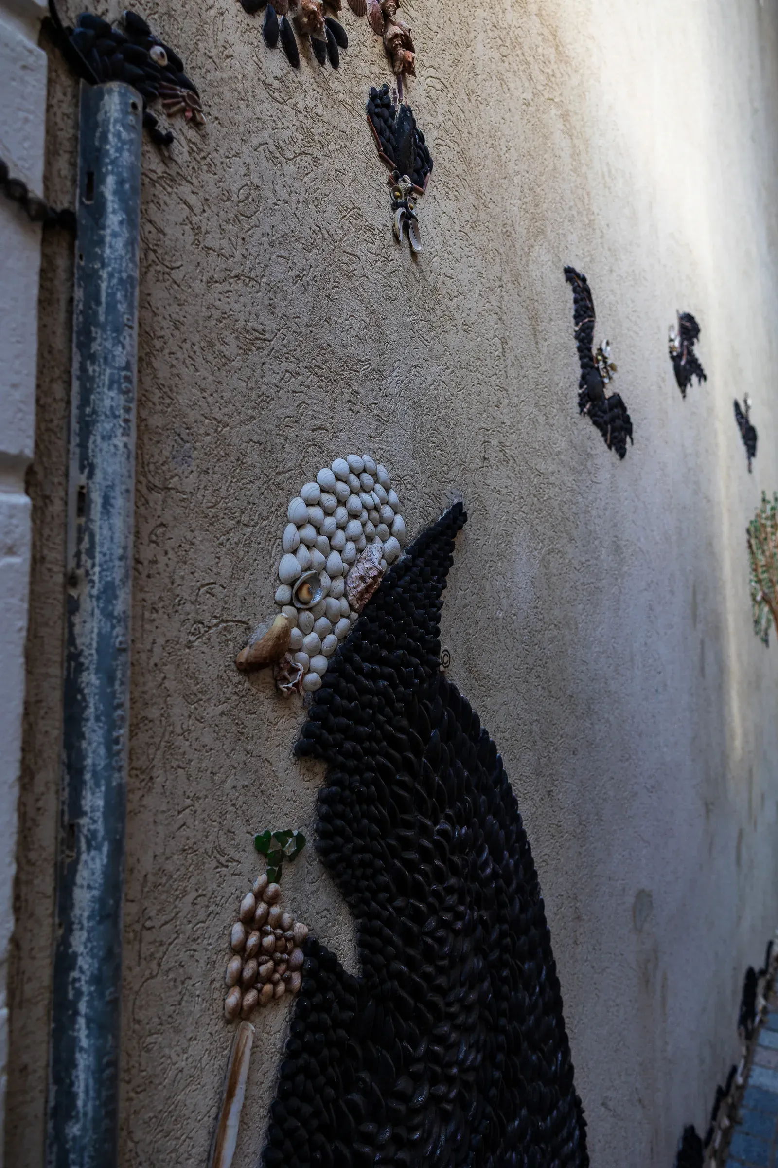 Dark cloaked figure made of black shells on a rough wall in a narrow alley, birds above
