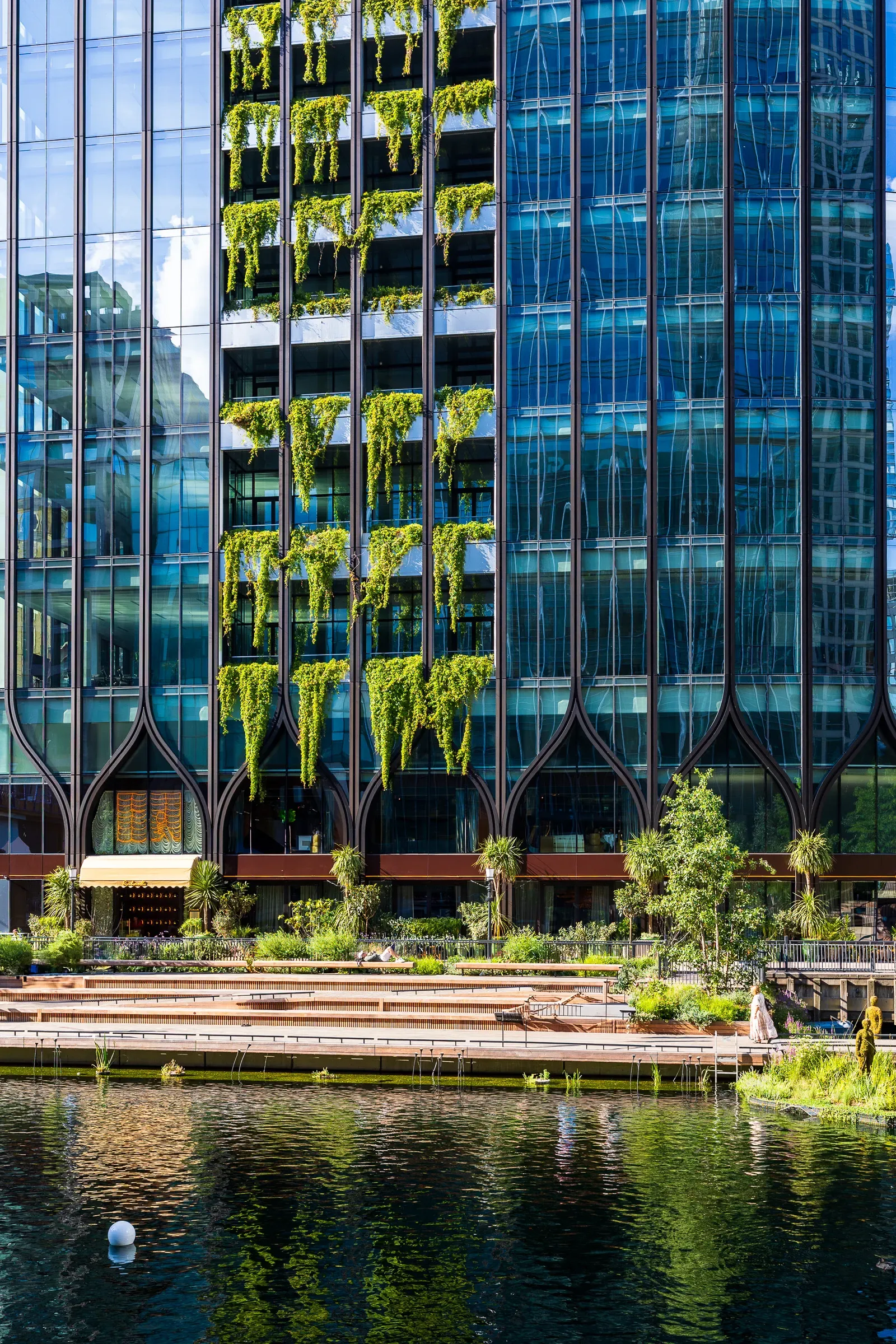 Ivy cascading down the glass balconies of a Canary Wharf office tower, a waterside boardwalk and reeds below