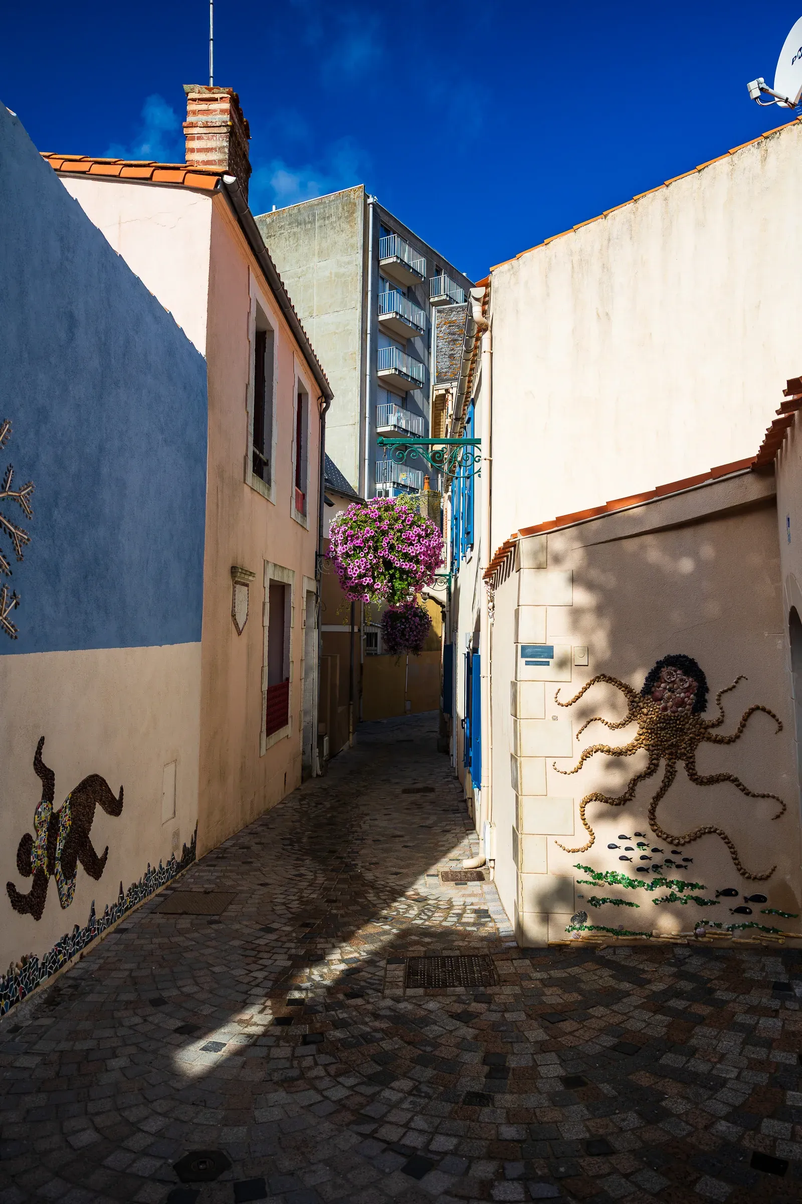 Narrow cobblestone alley with a shell-art octopus on one wall and sea creatures on the other, pink flowers overhead