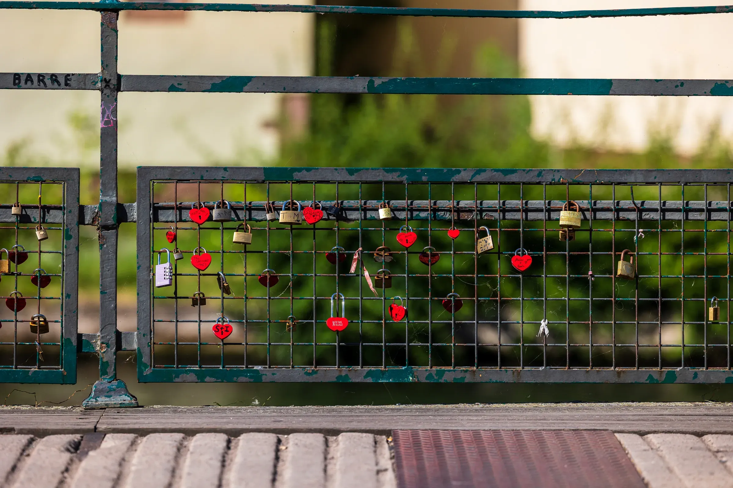 Heart-shaped padlocks on a green bridge railing, foliage blurred behind them.